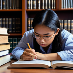 ** A Malaysian student intensely studying law books and online resources, highlighting key points, with a visible study schedule in the background. The atmosphere is focused but not overly stressed.

**