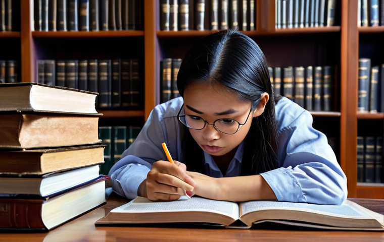 ** A Malaysian student intensely studying law books and online resources, highlighting key points, with a visible study schedule in the background. The atmosphere is focused but not overly stressed.
**