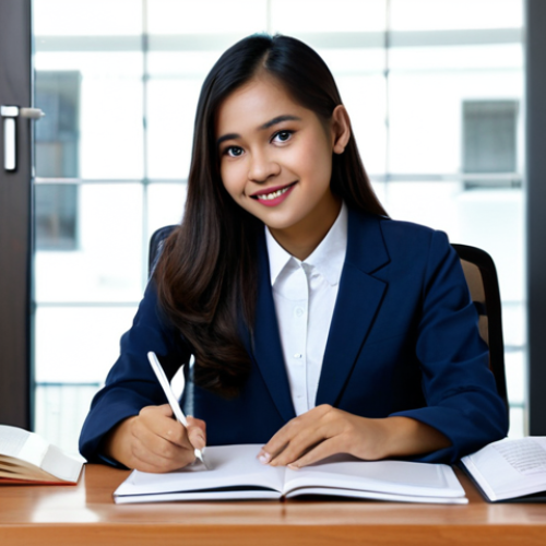 Home 6 A professional Malay woman, fully clothed in a modest business casual outfit, seated comfortably at a clean, modern study desk. On one side of the desk, there is an open traditional textbook, symbolizing conventional learning methods. On the other side, she is actively engaged with a digital tablet displaying a professional learning application, indicating modern study. Her expression is focused and determined. The background is a well-lit, contemporary study room with a soft, warm ambiance, featuring neatly organized books on a shelf, subtly blending the old with the new. High-resolution professional photograph, natural lighting, sharp focus, perfect anatomy, correct proportions, natural pose, well-formed hands, proper finger count, natural body proportions, fully clothed, appropriate attire, safe for work, appropriate content, professional, family-friendly.