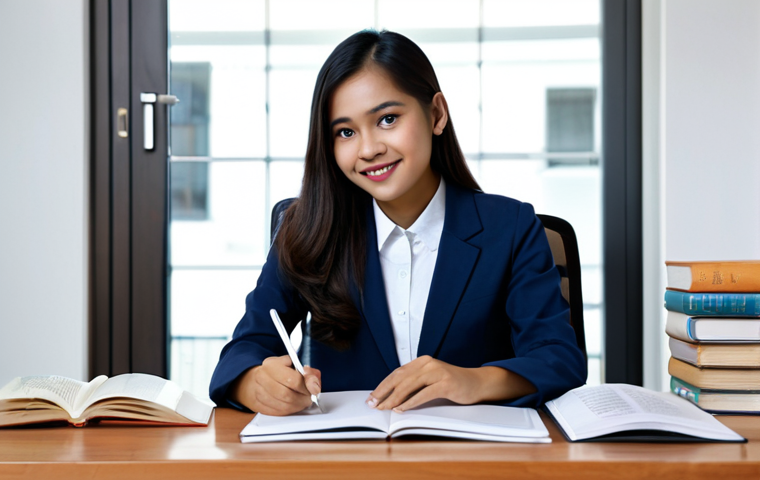 A professional Malay woman, fully clothed in a modest business casual outfit, seated comfortably at a clean, modern study desk. On one side of the desk, there is an open traditional textbook, symbolizing conventional learning methods. On the other side, she is actively engaged with a digital tablet displaying a professional learning application, indicating modern study. Her expression is focused and determined. The background is a well-lit, contemporary study room with a soft, warm ambiance, featuring neatly organized books on a shelf, subtly blending the old with the new. High-resolution professional photograph, natural lighting, sharp focus, perfect anatomy, correct proportions, natural pose, well-formed hands, proper finger count, natural body proportions, fully clothed, appropriate attire, safe for work, appropriate content, professional, family-friendly.
